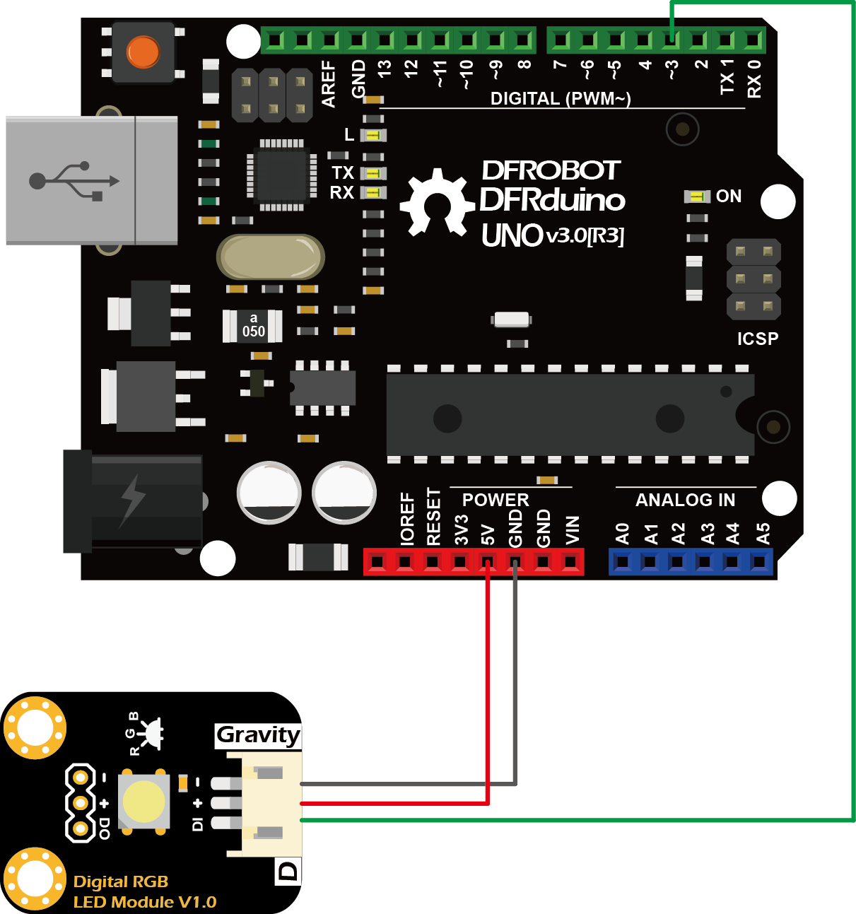 Gravity:数字RGB全彩LED模块 接线图(Arduino UNO)