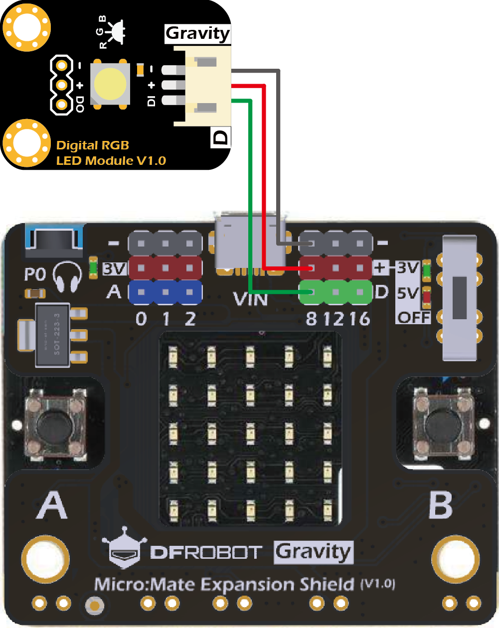Gravity:数字RGB全彩LED模块 接线图(Micro:bit+Micro:Mate)